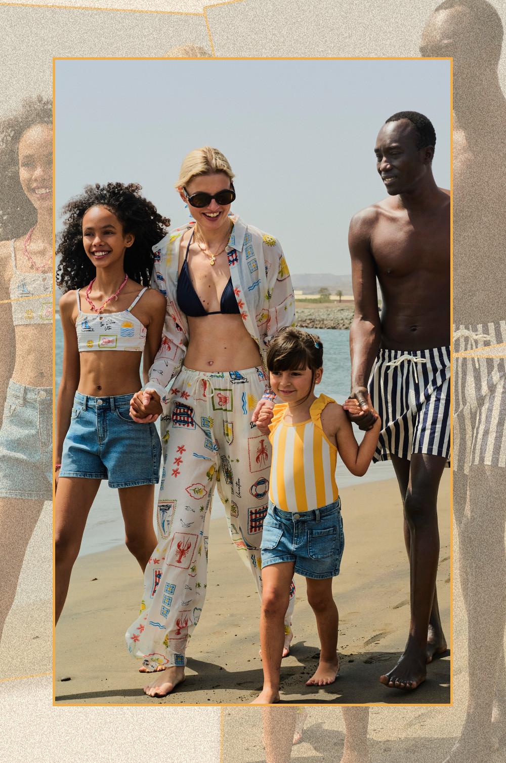 Two models at the beach wearing matching palm tree print shorts and striped shirt with sunglasses.