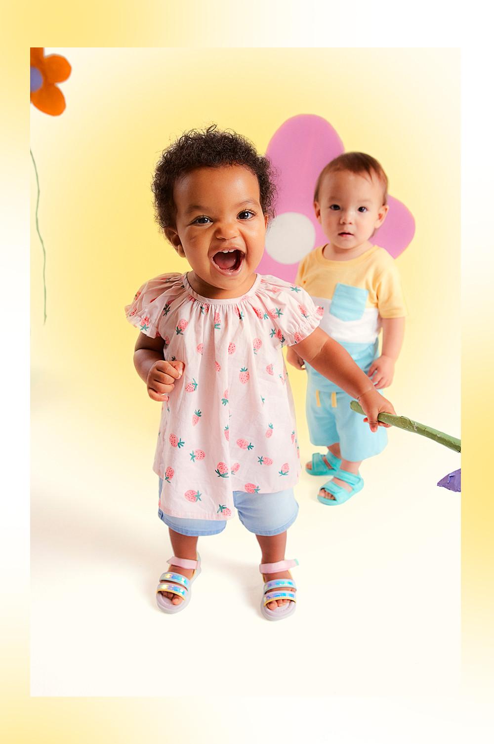Baby Yellow, White & Blue Stripe Set, Baby Strawberry Print White Blouse, Baby Denim Shorts