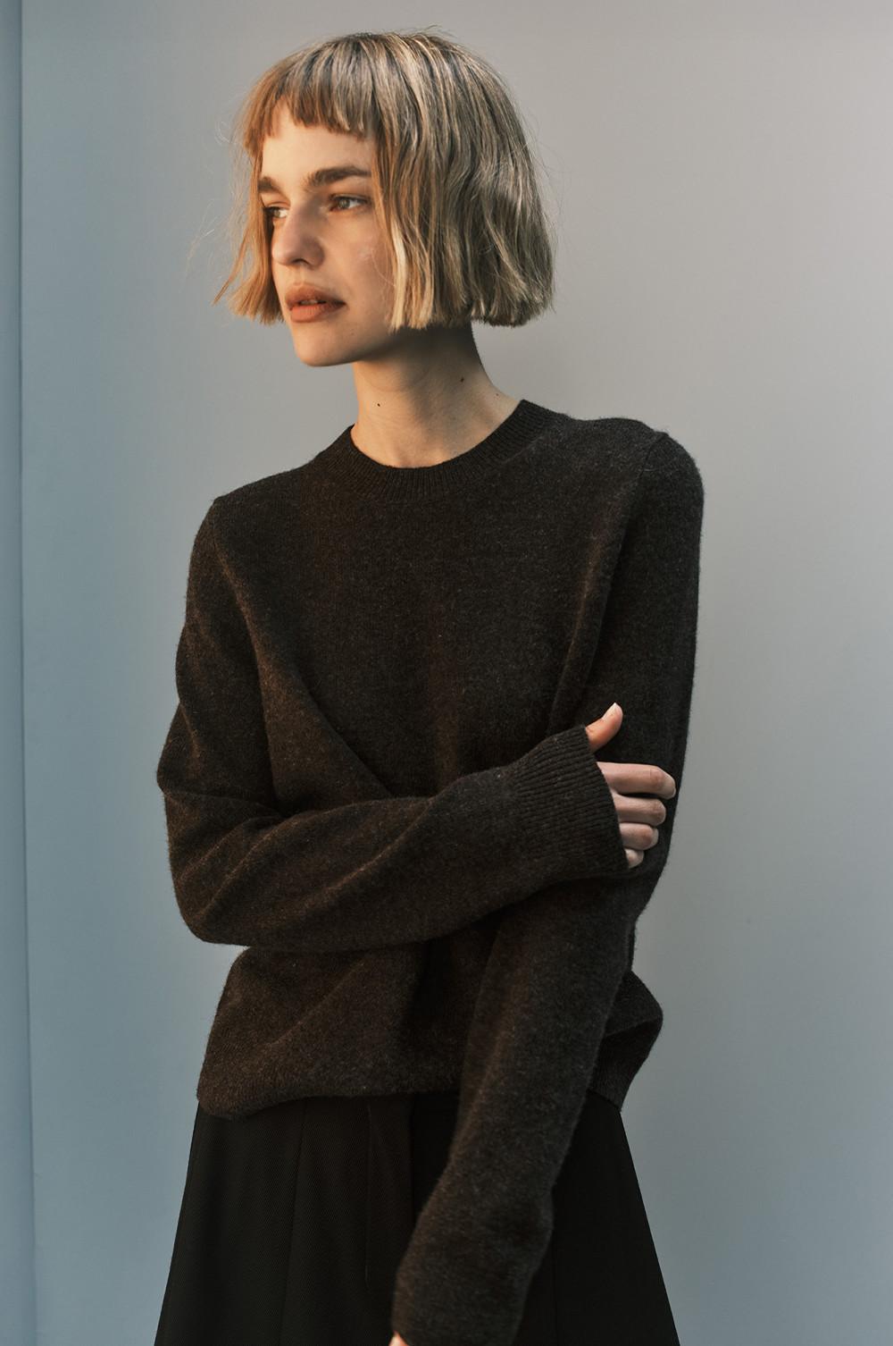 Person wearing a dark brown crewneck sweater with a blunt bob haircut, posed against a light background.