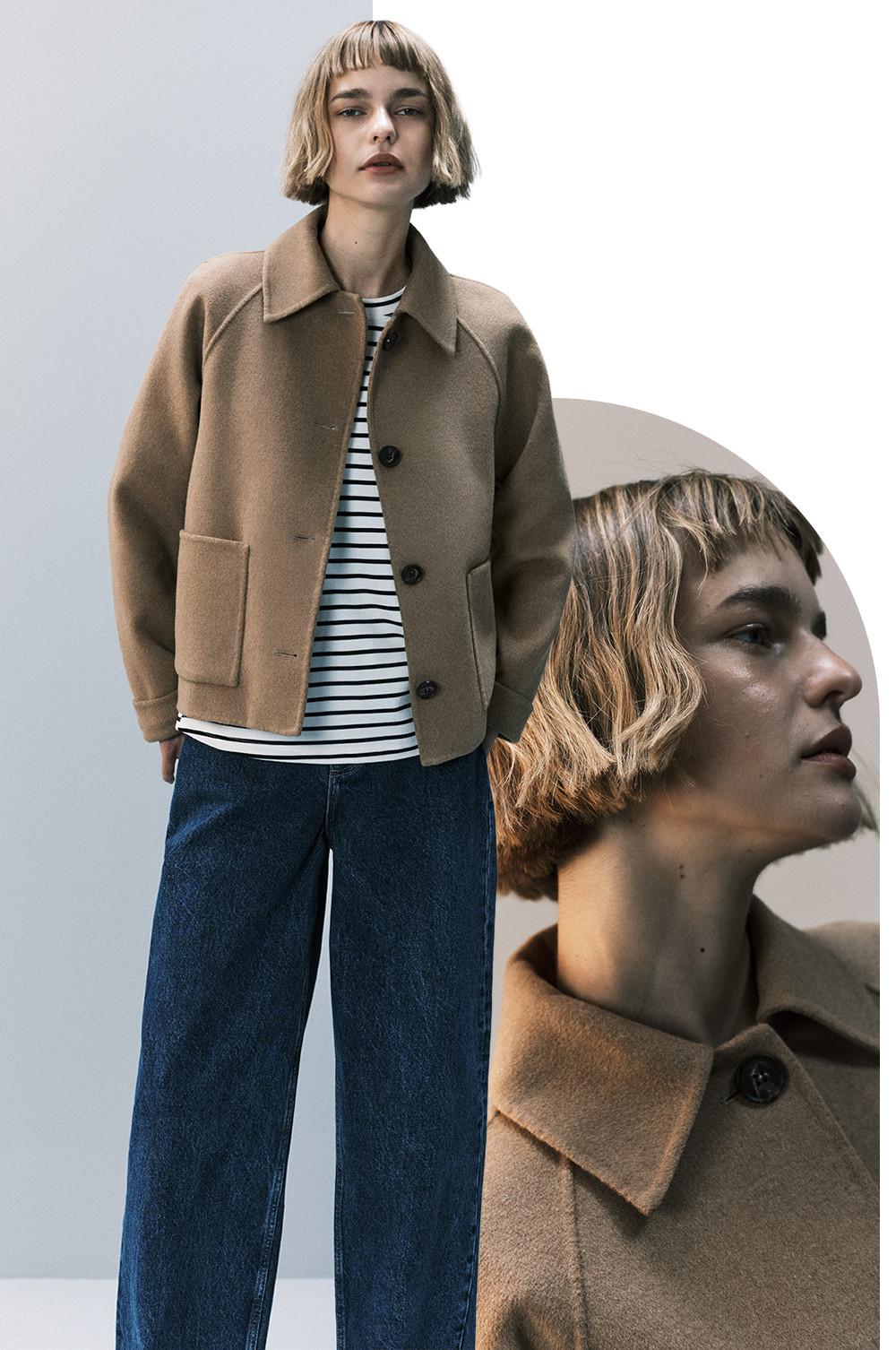 Model wearing camel jacket with striped top and blue jeans, shown in fashion advertisement layout.