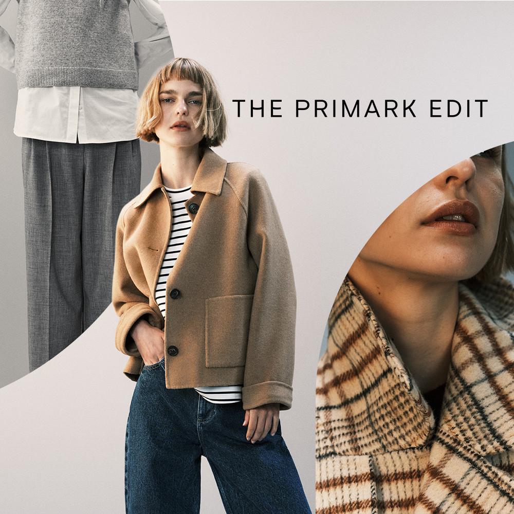Primark fashion collection showing model in camel coat over striped top with jeans, alongside close-up detail shots.