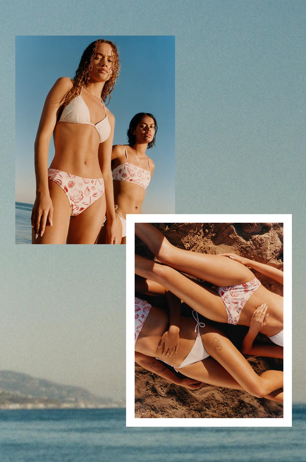 De modellen dragen crèmekleurige bikini's met schelpenprint, in verschillende combinaties