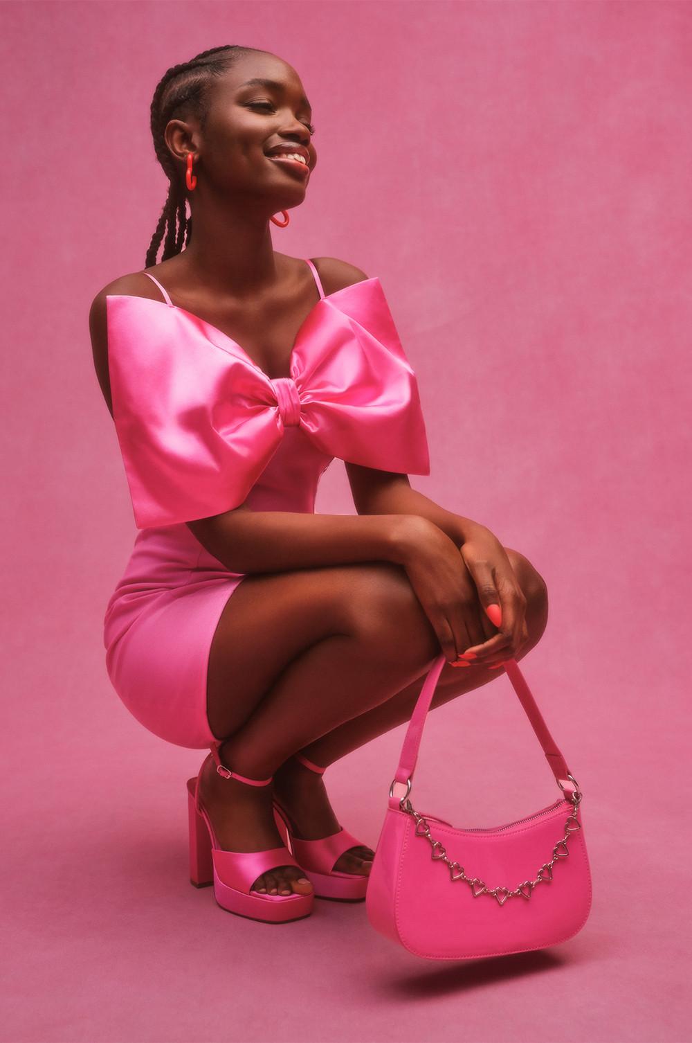 Pink Bow Detail Mini Dress, Pink Satin Platform Heels