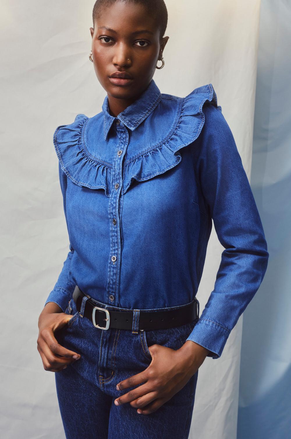 Model wearing Frilled Denim Shirt