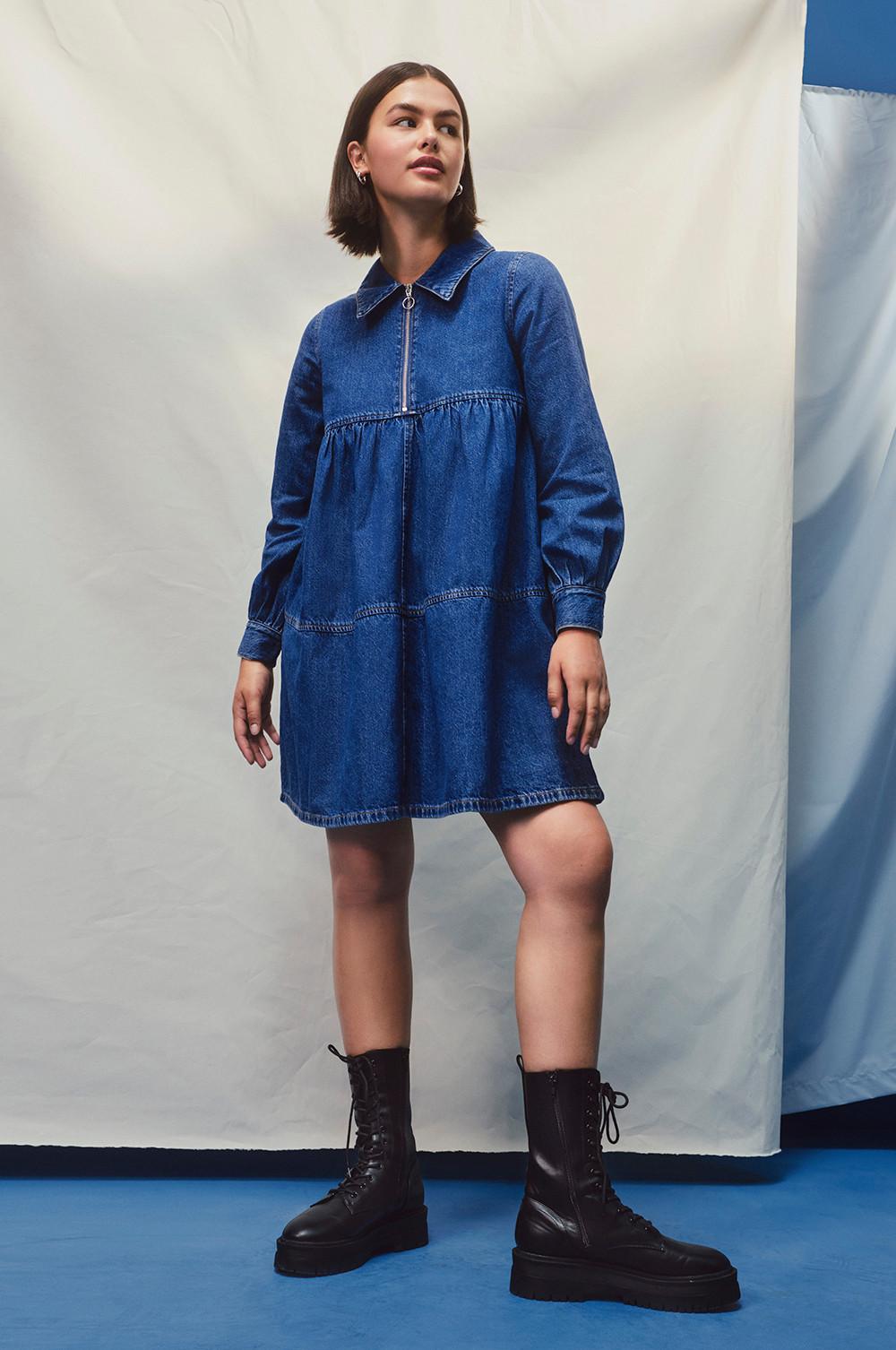 Model wearing Denim Smock Dress