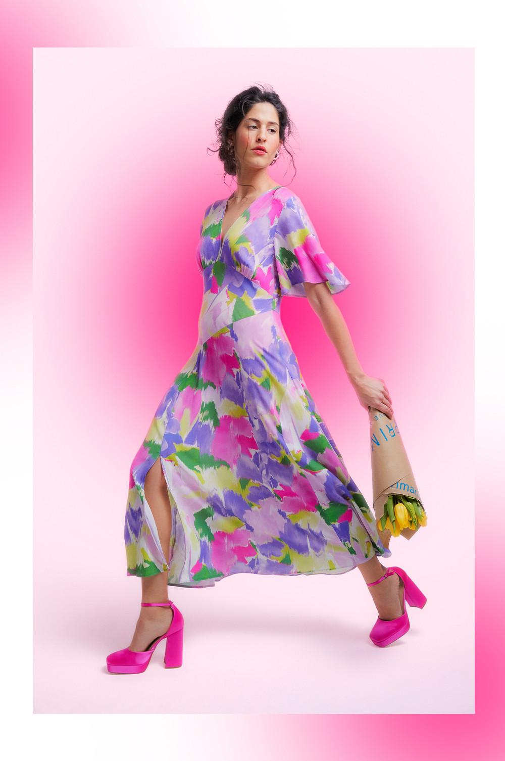 Floral Flutter Sleeve Midi Dress, Pink Platform Heels