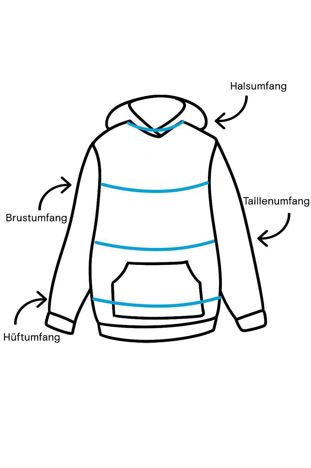 Anleitung zum Messen von Hoodies mit Messlinien für Hals, Brust, Taille und Hüftbreite.
