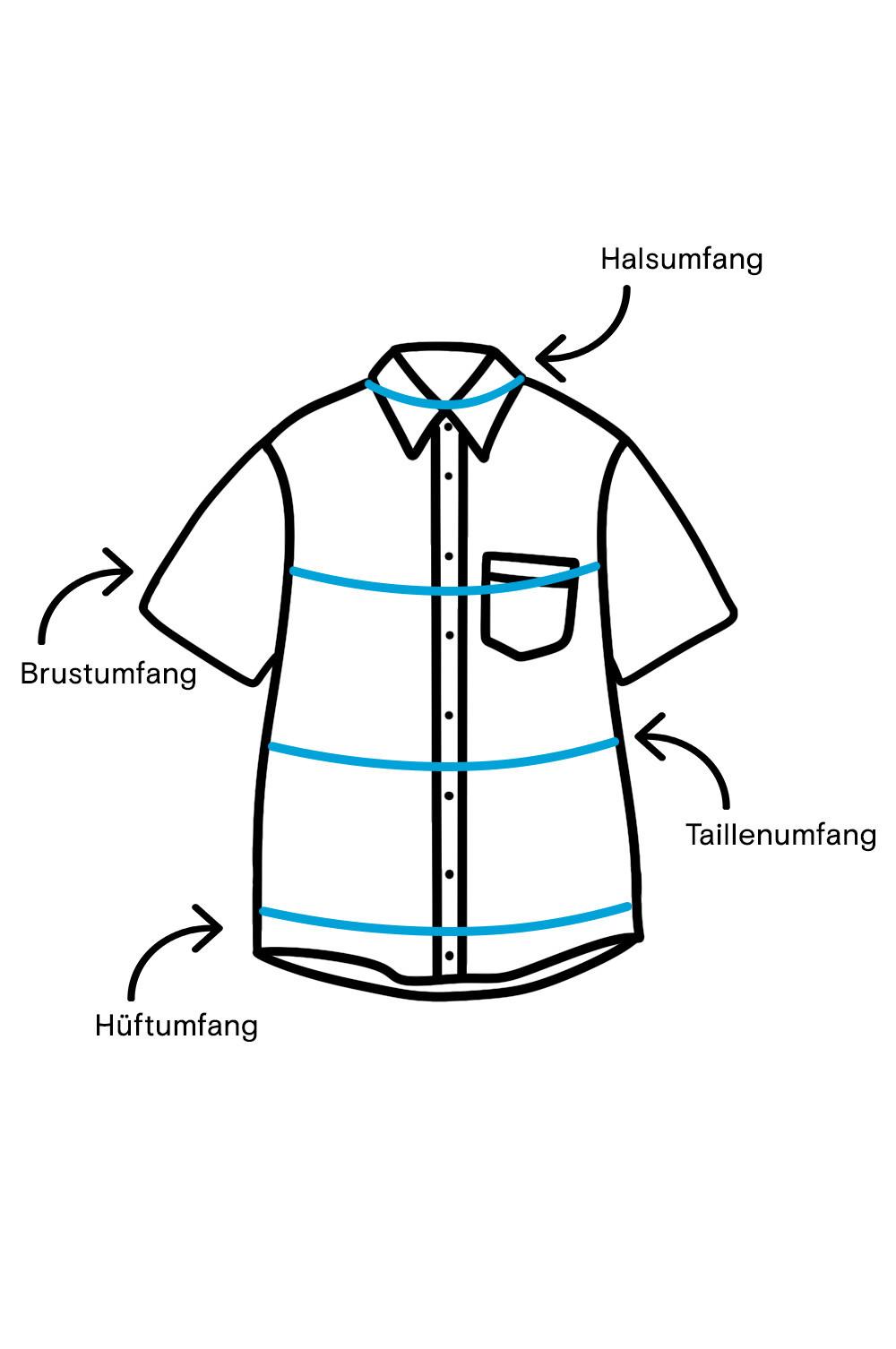 Anleitung zum Messen von kurzärmeligen Hemden mit Messlinien für Hals, Brust, Taille und Hüftbreite.