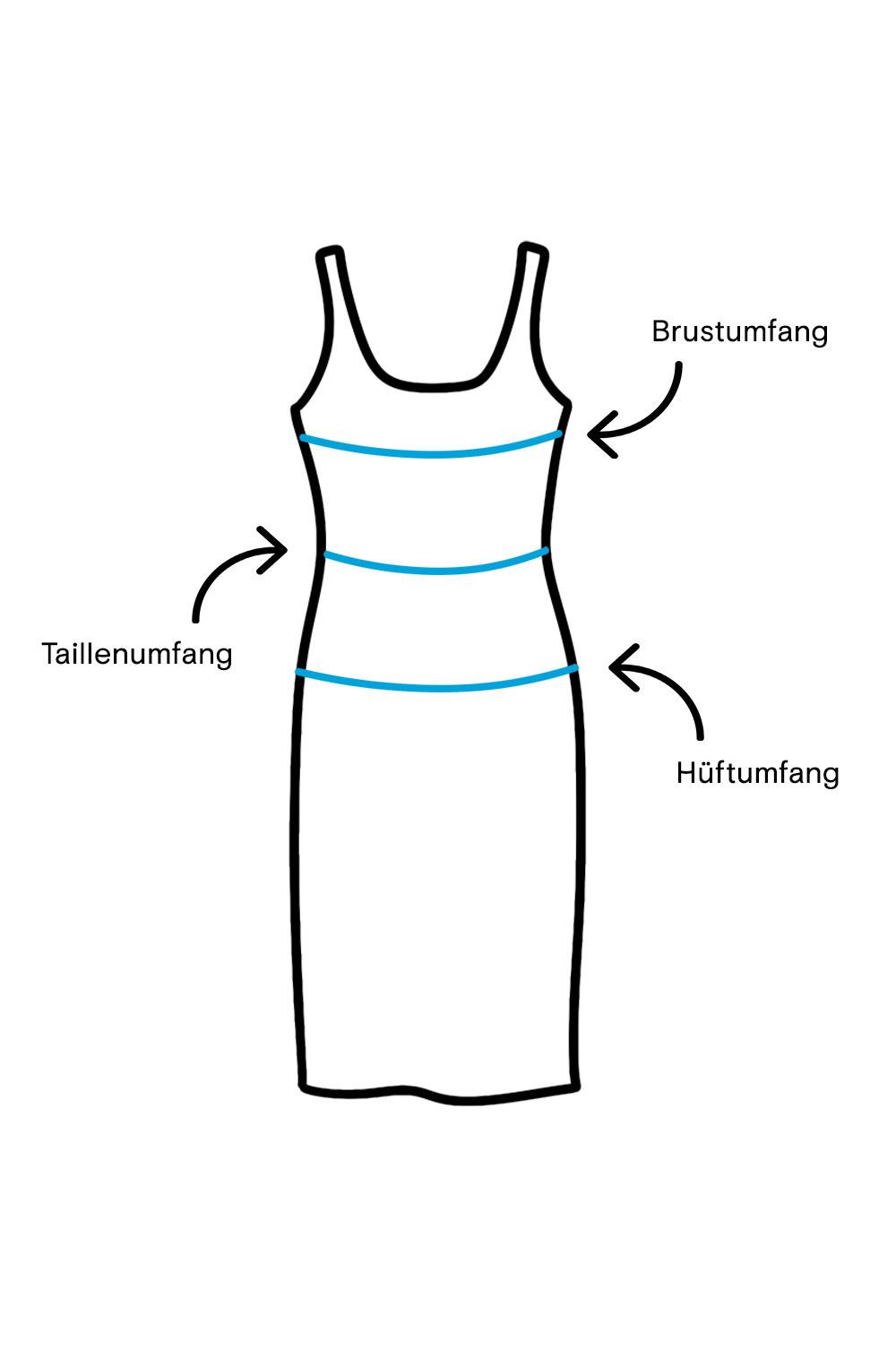 Die Abbildung des Kleides zeigt die Maße für Oberweite, Taille und Hüftbreite.