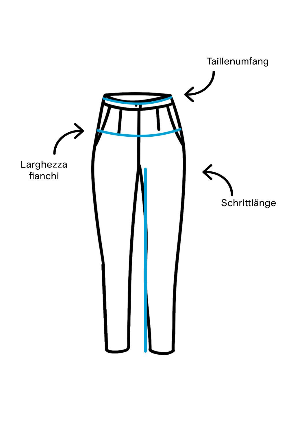 Das Diagramm zeigt eine Anleitung zum Messen von Hosen mit beschrifteten Pfeilen, die die Taille, die Hüfte und die Beininnenseiten blau markieren.