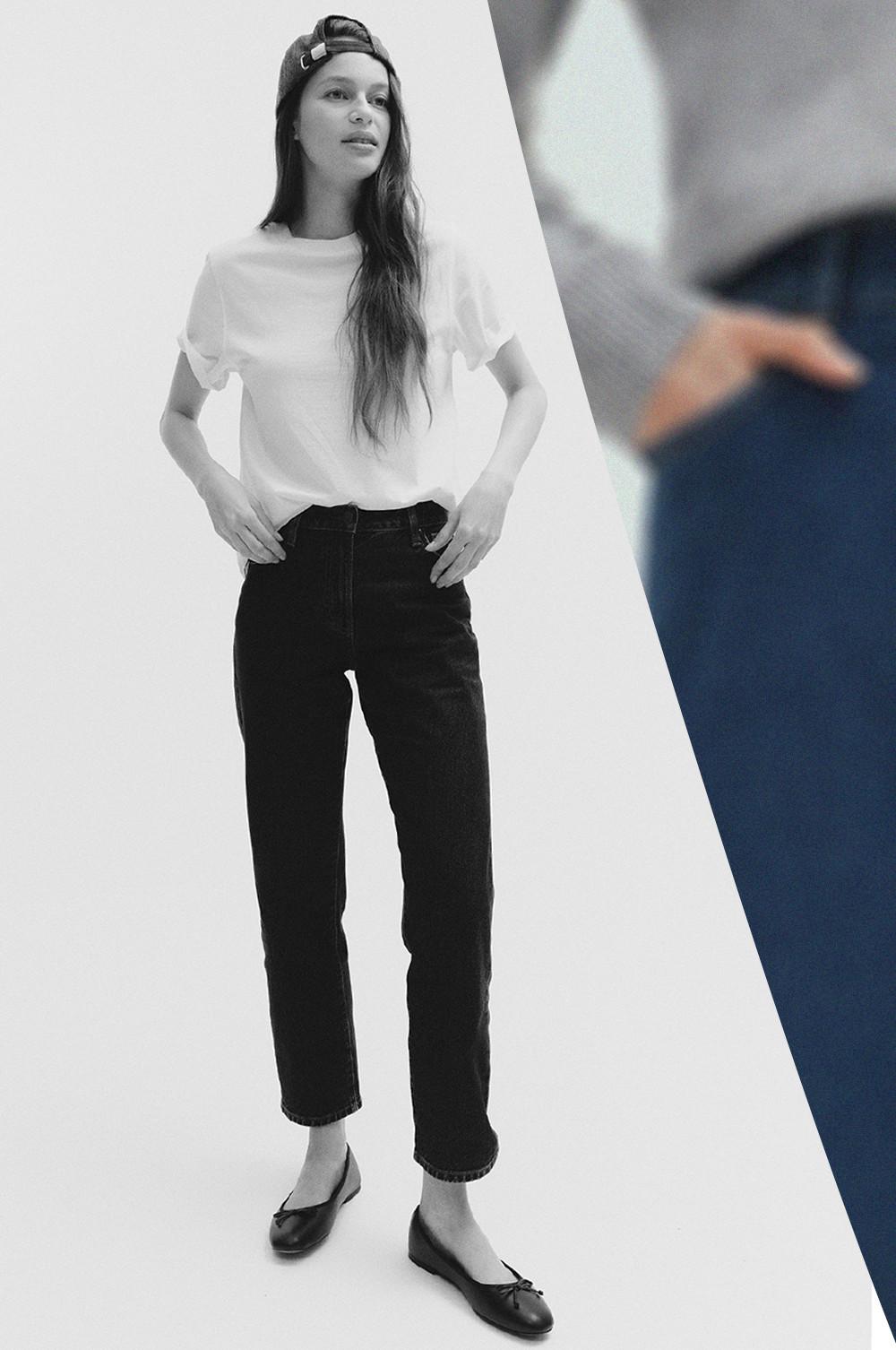 Model wearing white long-sleeved top, black straight-leg jeans, black ballet flats and a backwards cap.