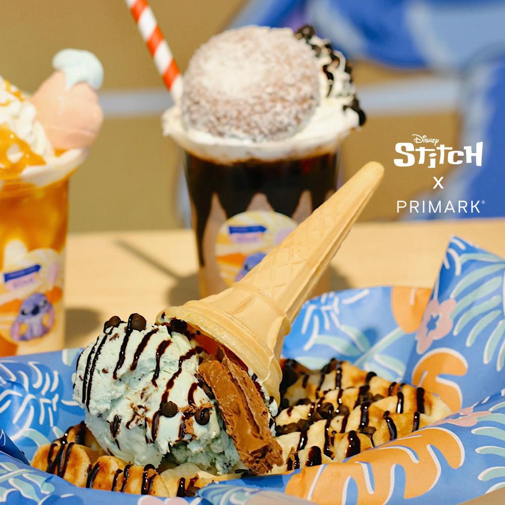 Stitch themed food from the Primark Stitch Café including ice cream and waffles