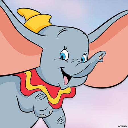 Cartoon of Dumbo the elephant with large ears, yellow hat and red collar, smiling happily.