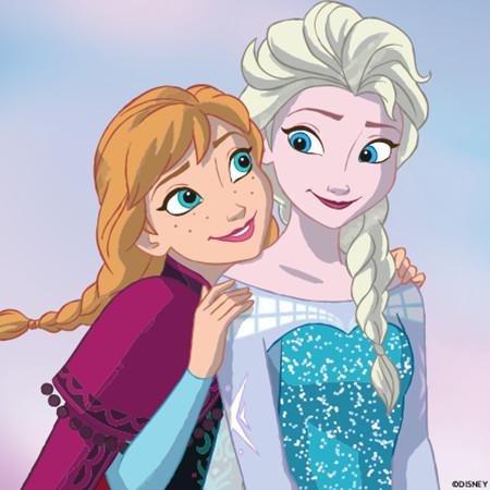 Two animated Disney characters, Elsa in a blue dress and Anna in a purple and blue outfit, sitting together on a light blue dotted background.