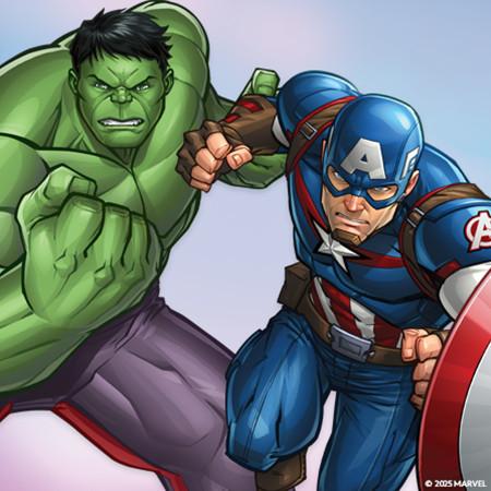 Marvel superhero illustration featuring Hulk and Captain America in action poses, ready for battle.