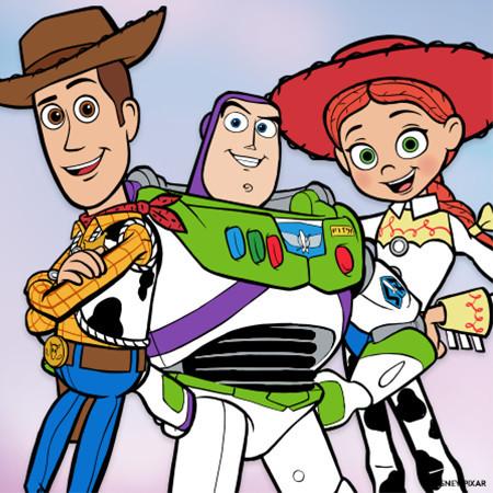 Toy Story characters Woody, Buzz Lightyear and Jessie standing together against a blue background.