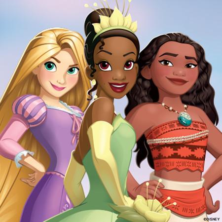 Group of Disney princess characters posed together against a purple dotted background.