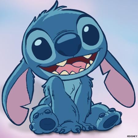 Cartoon character Stitch from Disney's Lilo & Stitch smiling with large eyes and ears.