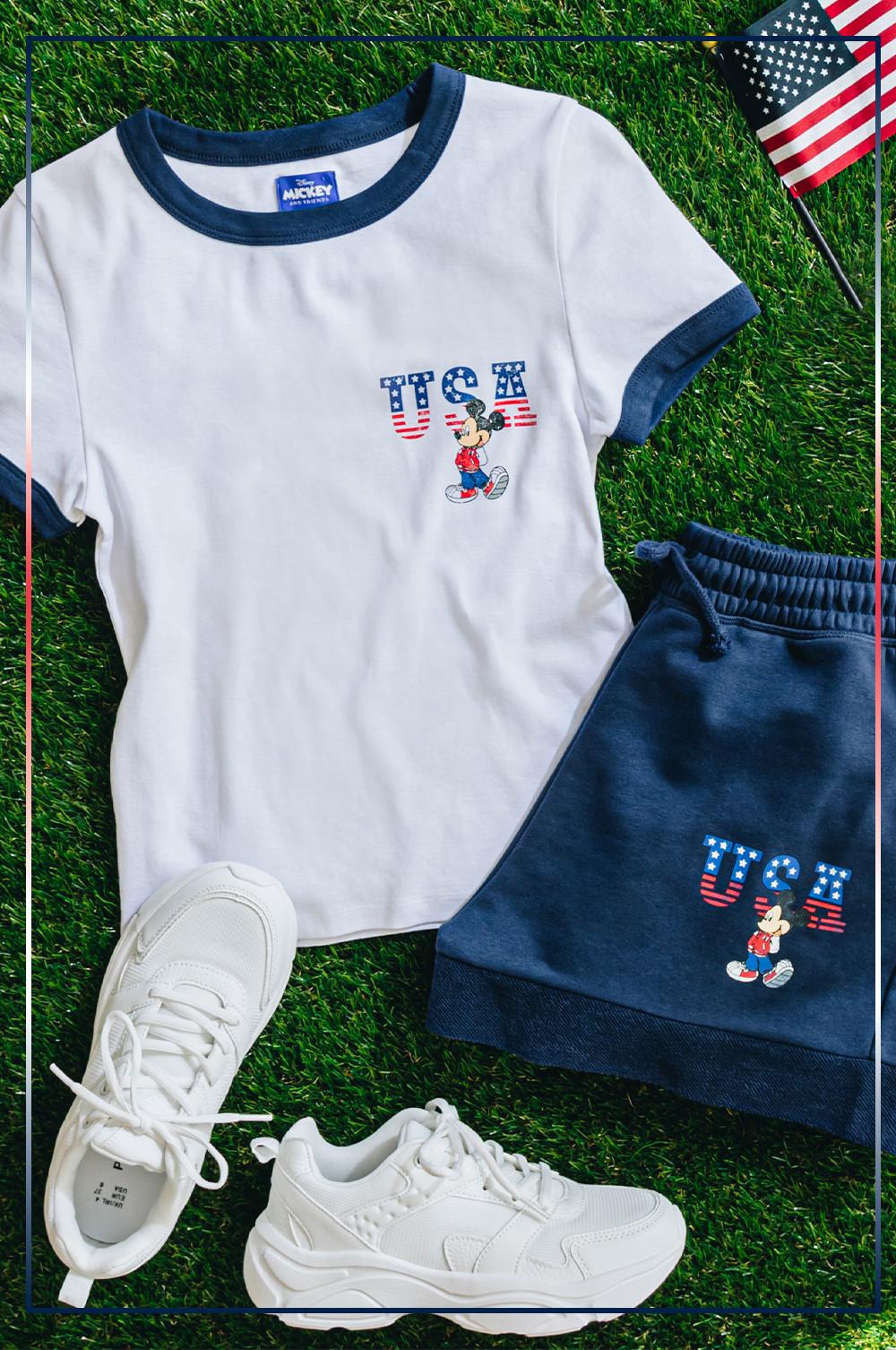 White USA Mickey T-shirt, matching navy shorts