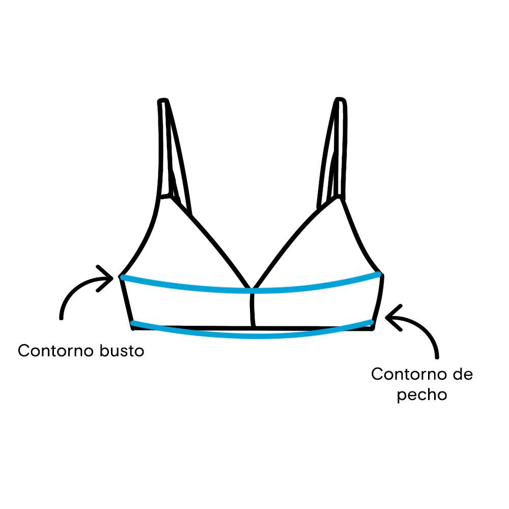 Ilustración de un sujetador que muestra dónde tomar las medidas del contorno de pecho y el contorno de torso.