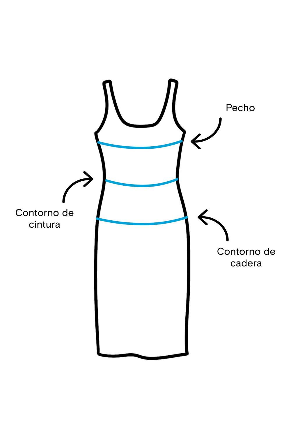 Ilustración de un vestido que indica dónde tomar las medidas del contorno de pecho, de cintura y de cadera.