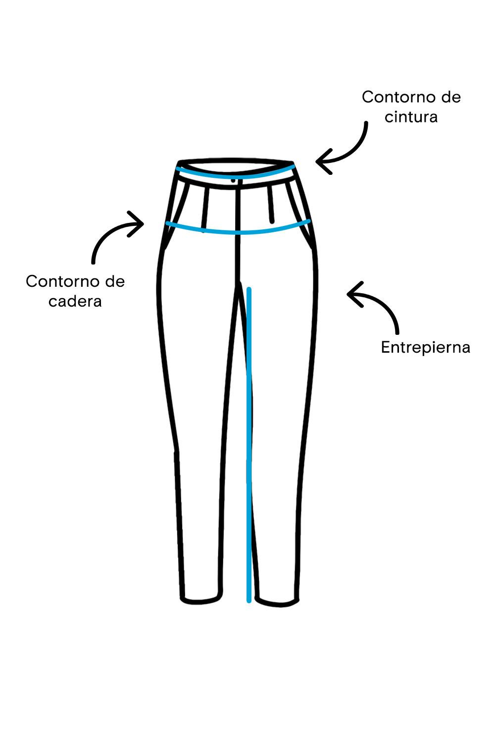 Ilustración de un pantalón que indica dónde tomar las medidas del contorno de cintura, el contorno de cadera y el largo de entrepierna, señalados con flechas y resaltados en azul.