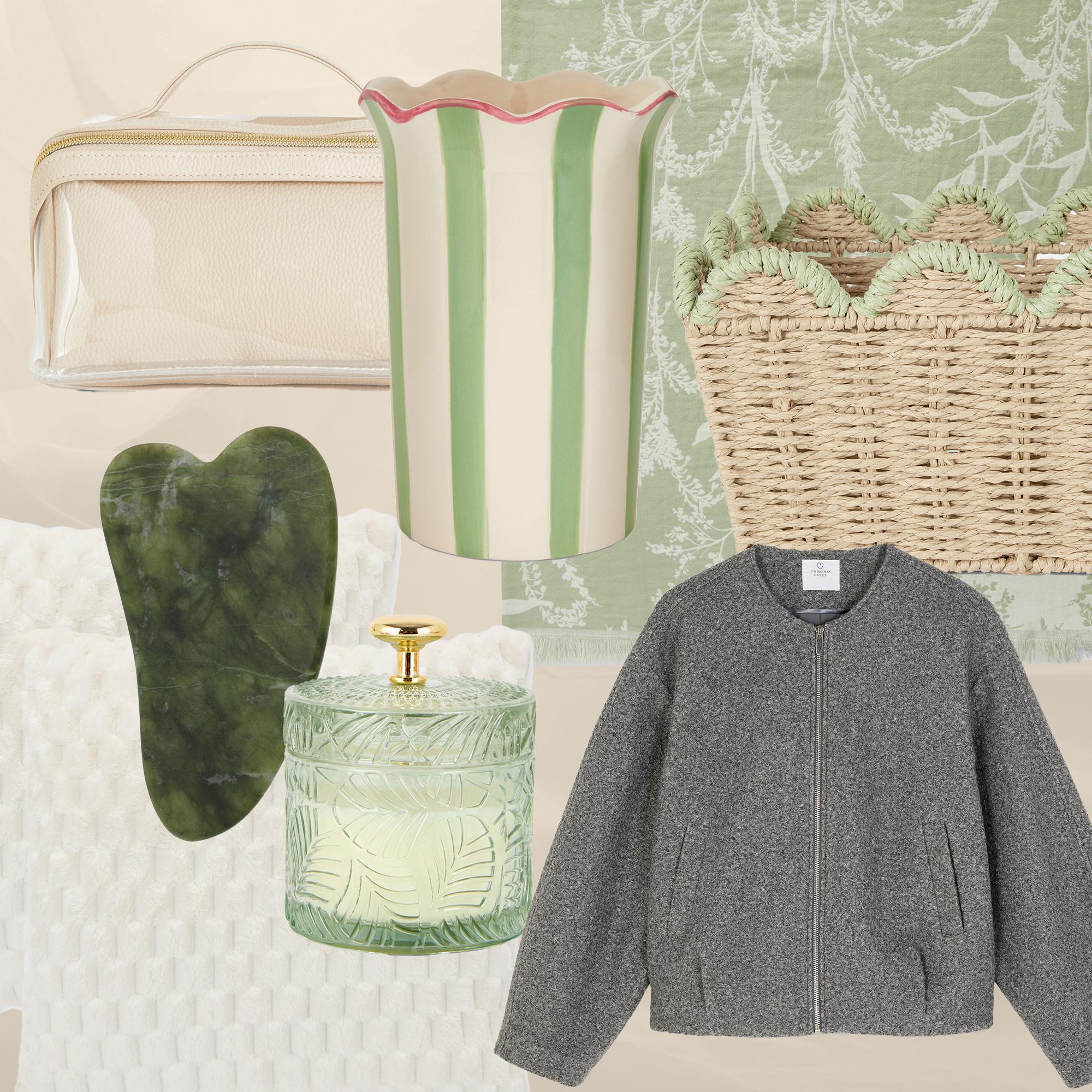 Collage of assorted home and fashion items including a grey jacket, striped vase, woven basket and lidded green candle, white purse and jade gua shua.