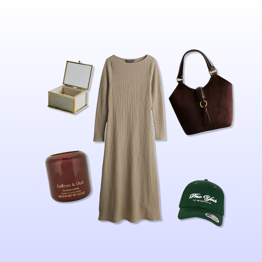 Collage de prendas y artículos para el hogar que incluye una chaqueta gris, un jarrón con rayas, una cesta, una vela verde con tapa, un monedero blanco y gua sha de jade.