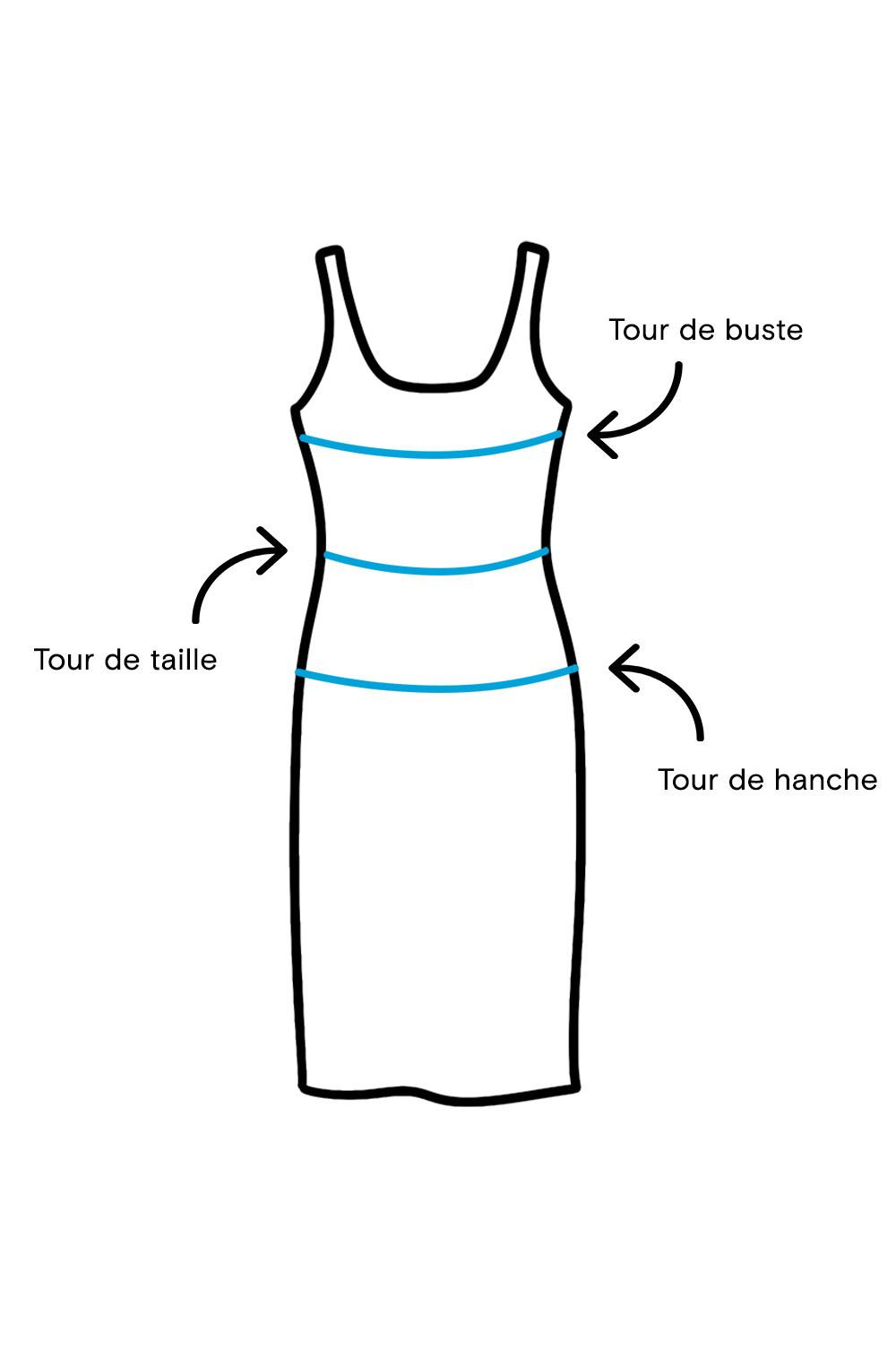 Illustration d'une robe avec les mesures du tour de poitrine, de taille et de hanche.