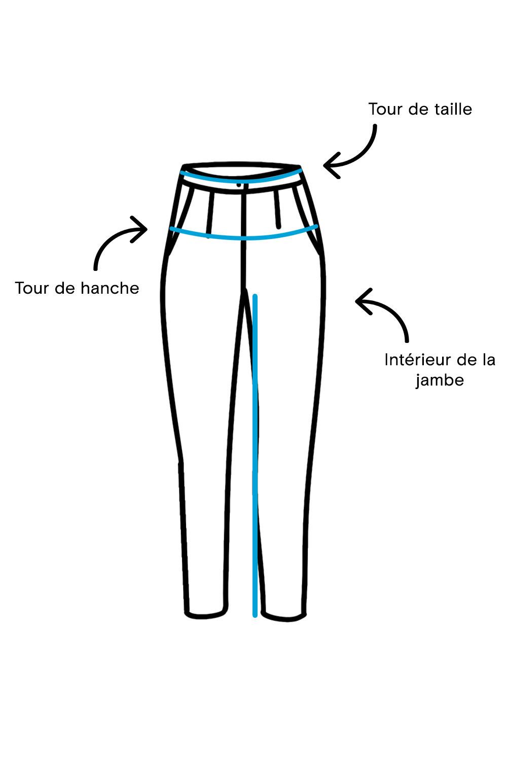 Schéma de mesure d'un pantalon avec des flèches à légende et traits bleus pour indiquer la largeur de taille, la largeur de hanche et l'entrejambe.