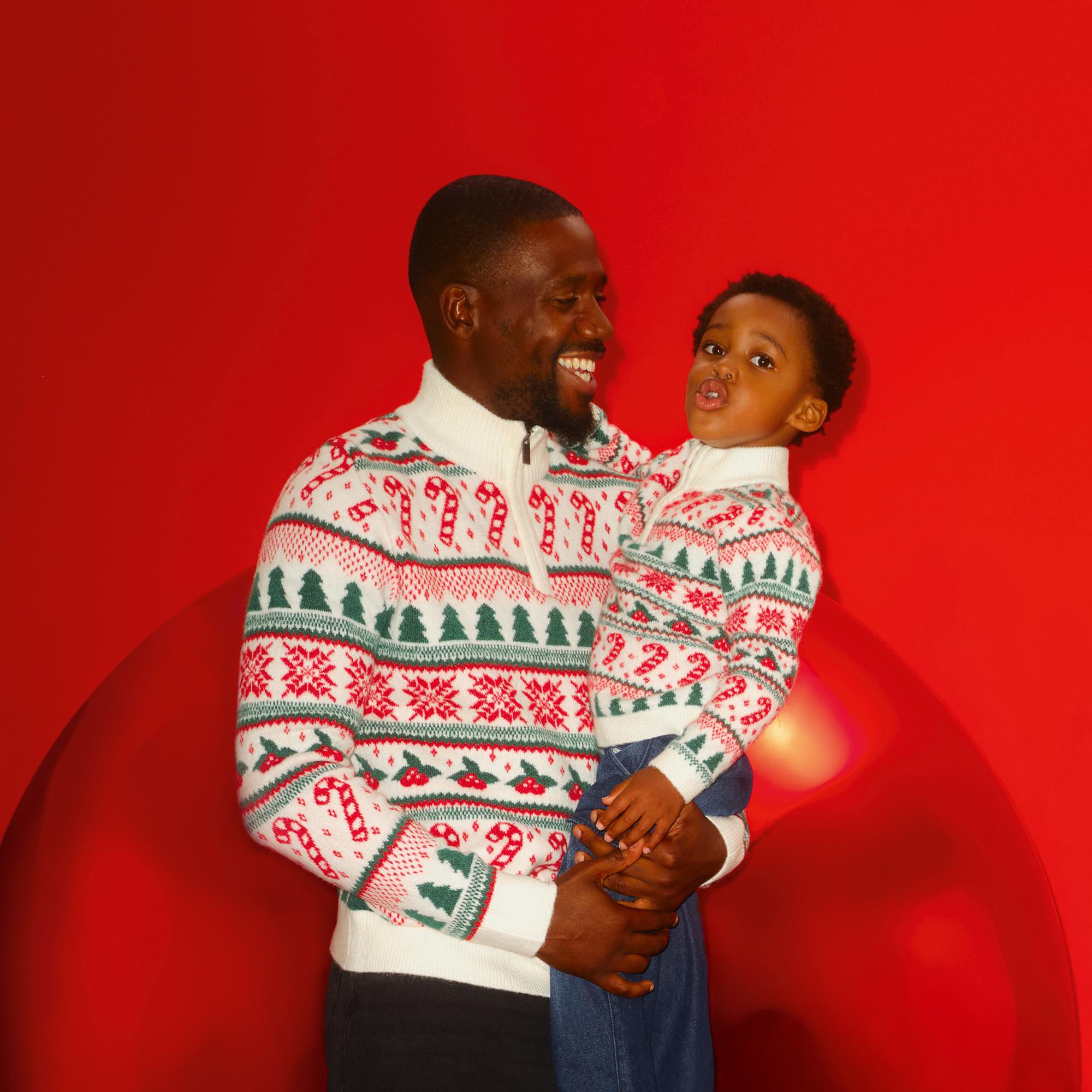 Casual clothing collection featuring beige hoodie set, striped polo shirt and navy polo shirts in adult and children's sizes.