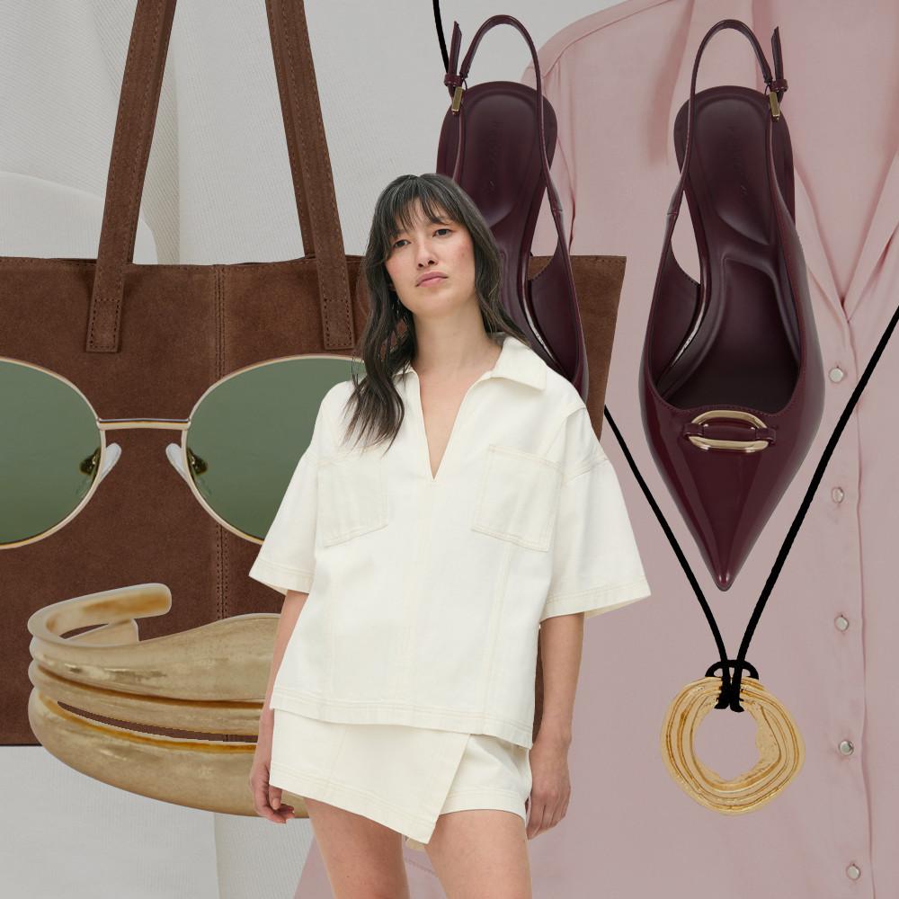 Display di accessori moda con tacchi bordeaux, borsa tote marrone, occhiali da sole e pendenti a cerchio dorati su sfondo pastello.