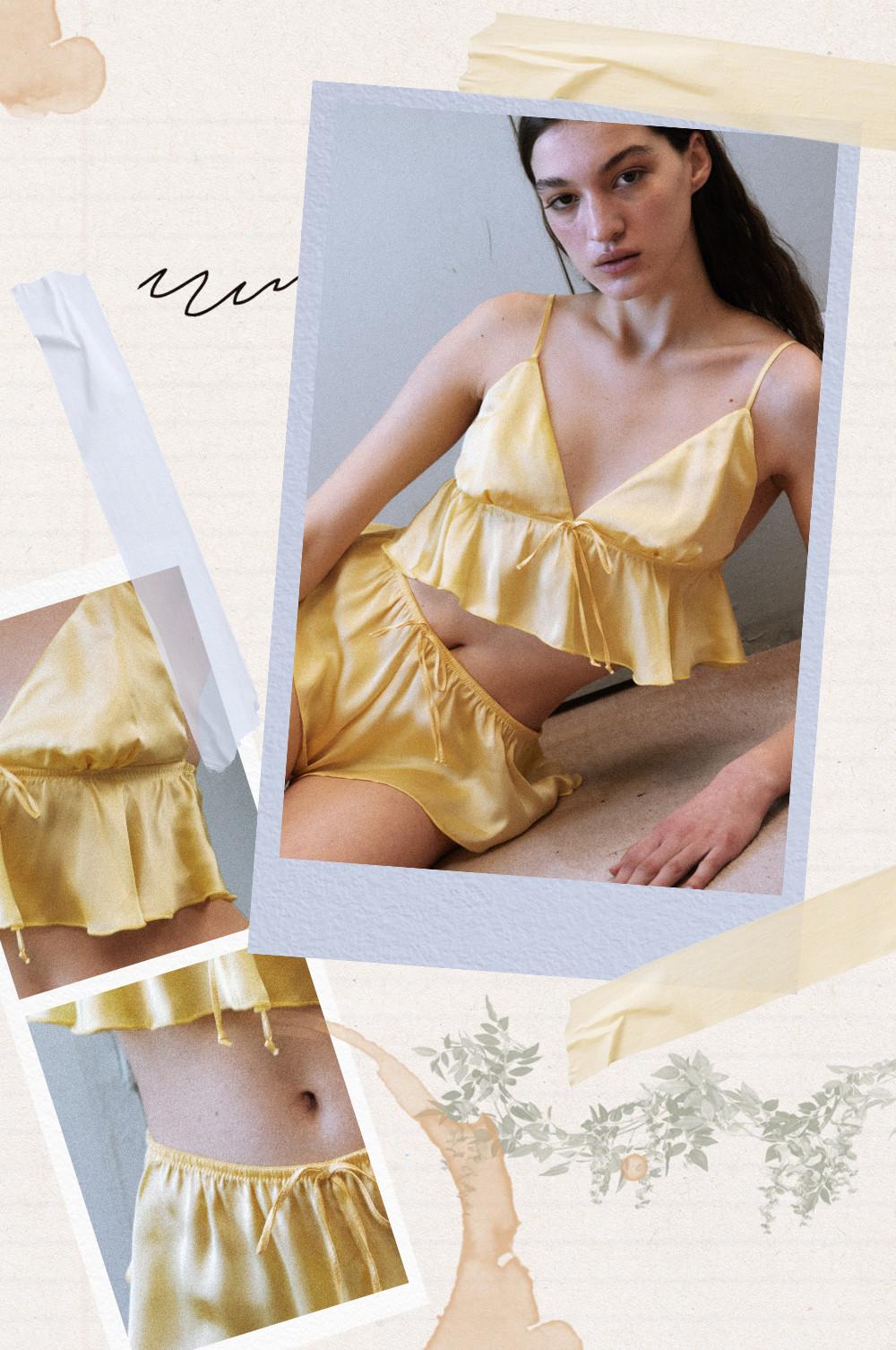 Yellow Satin Cami Bralette, Yellow Satin Shorts