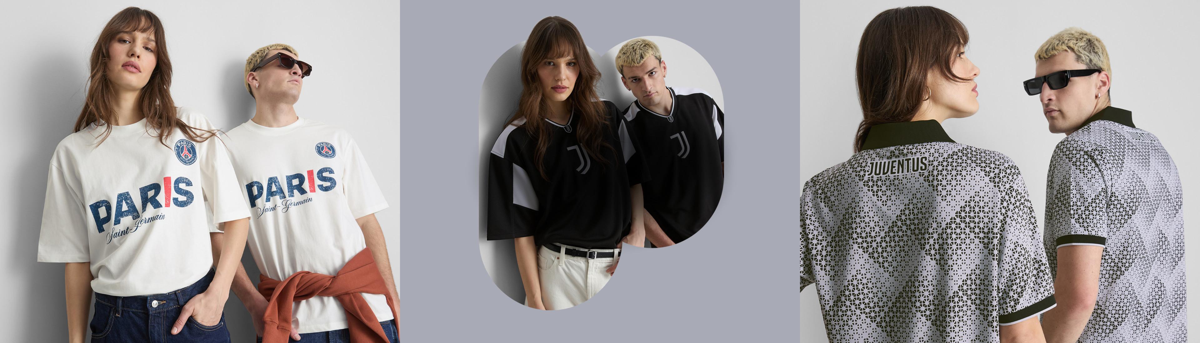 Dos modelos con camisetas blancas del Paris Saint-Germain con el logotipo del club.