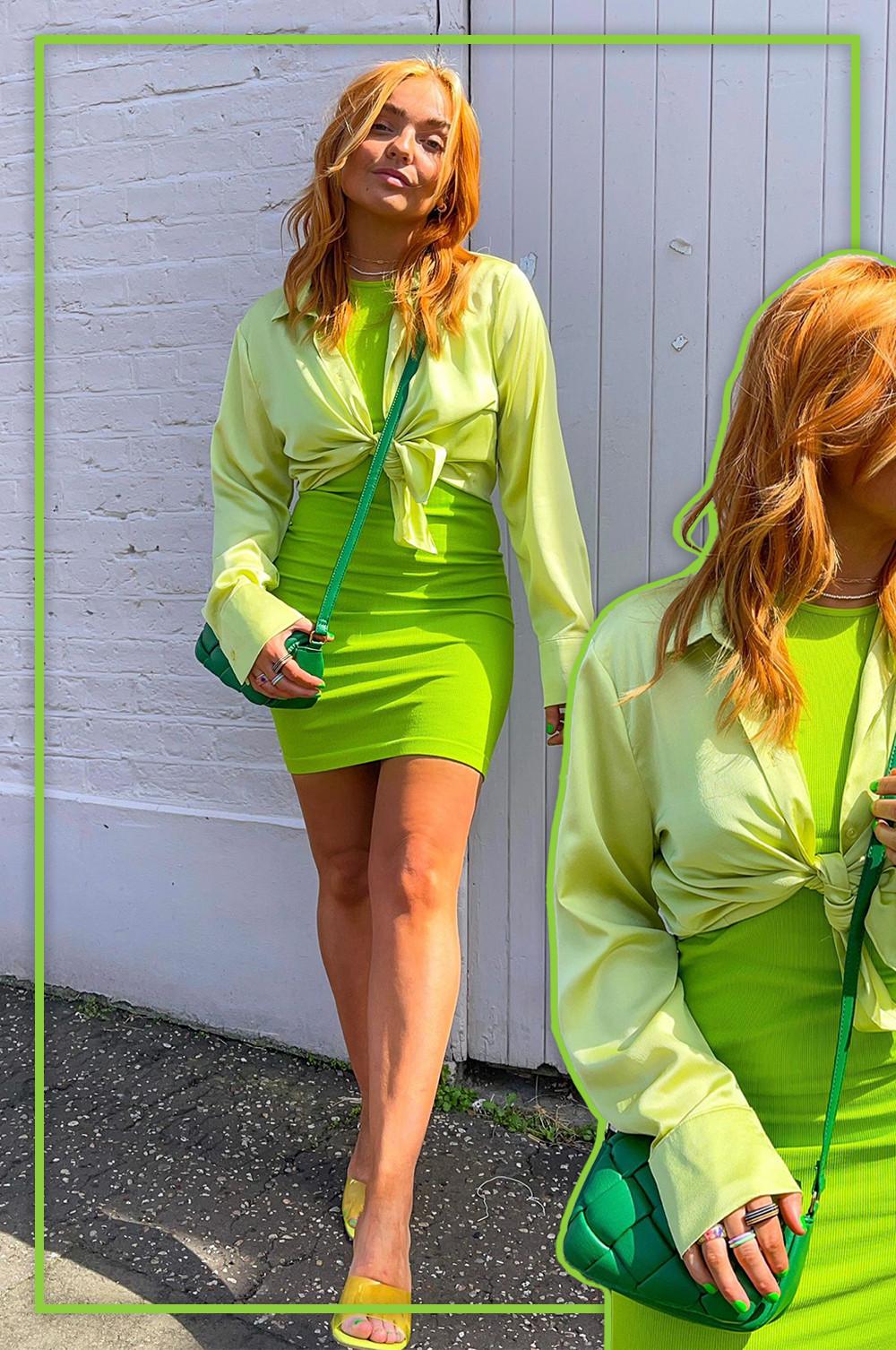 @bryonyheynes wears green mini dress with coordinating shirt