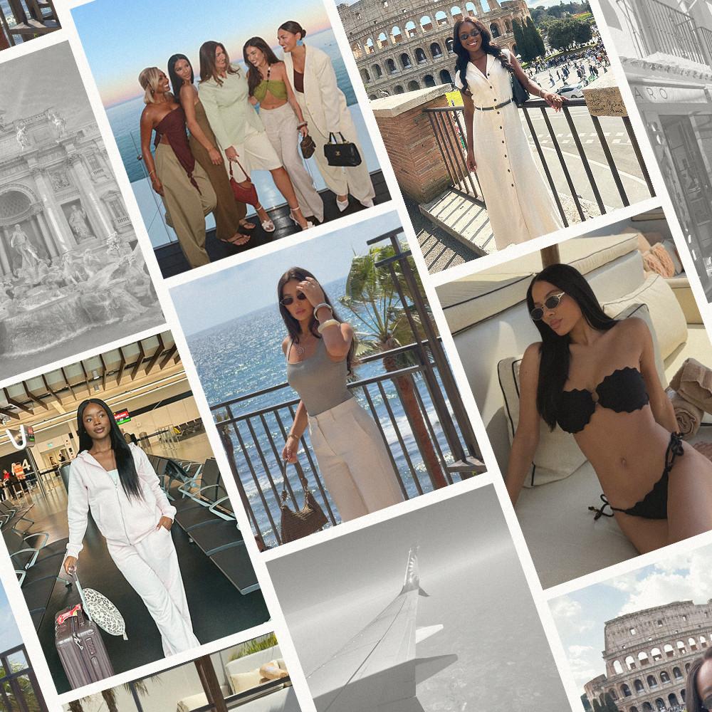 Collage de photos de vacances montrant des femmes en tenues estivales dans divers lieux, dont le Colisée de Rome.