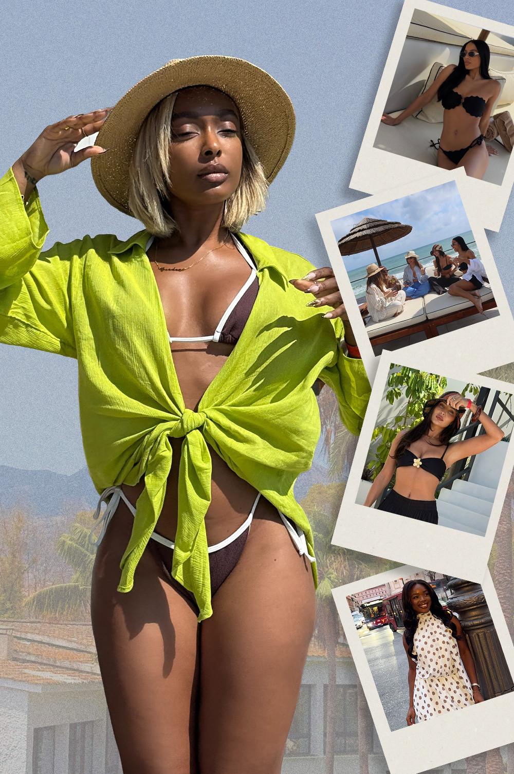 Mannequin portant un paréo vert citron sur un bikini, avec un chapeau de paille, à côté de clichés de vacances.