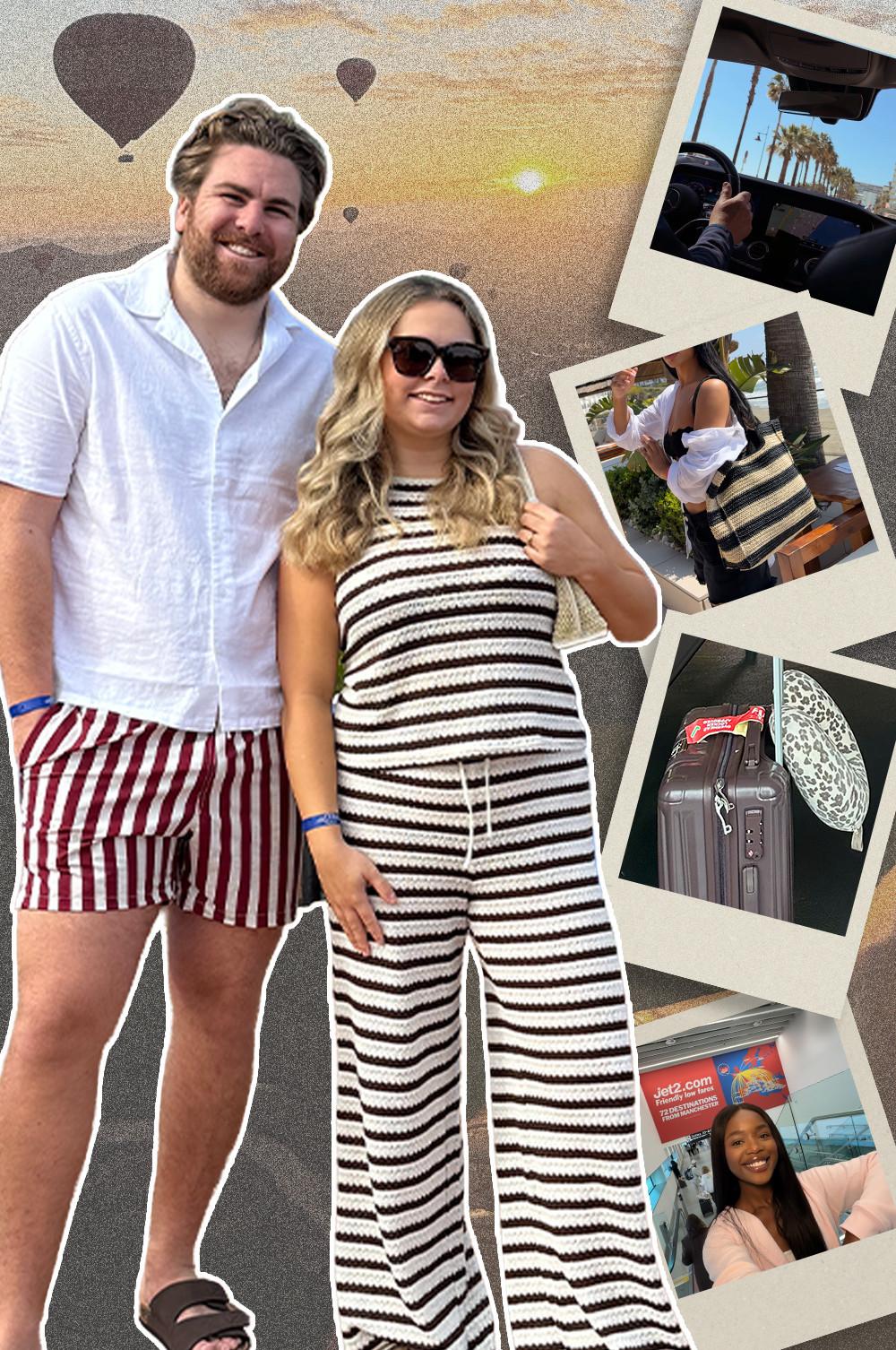 Collage montrant un couple en vacances, avec des photos d’eux en train de conduire, de poser ensemble, ainsi que leurs bagages et des souvenirs de voyage.
