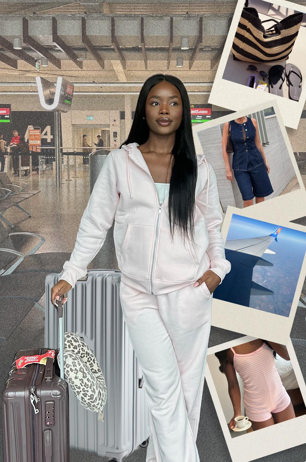 Mannequin à l’aéroport en survêtement blanc avec une valise, aux côtés d’un collage présentant des tenues de vacances.