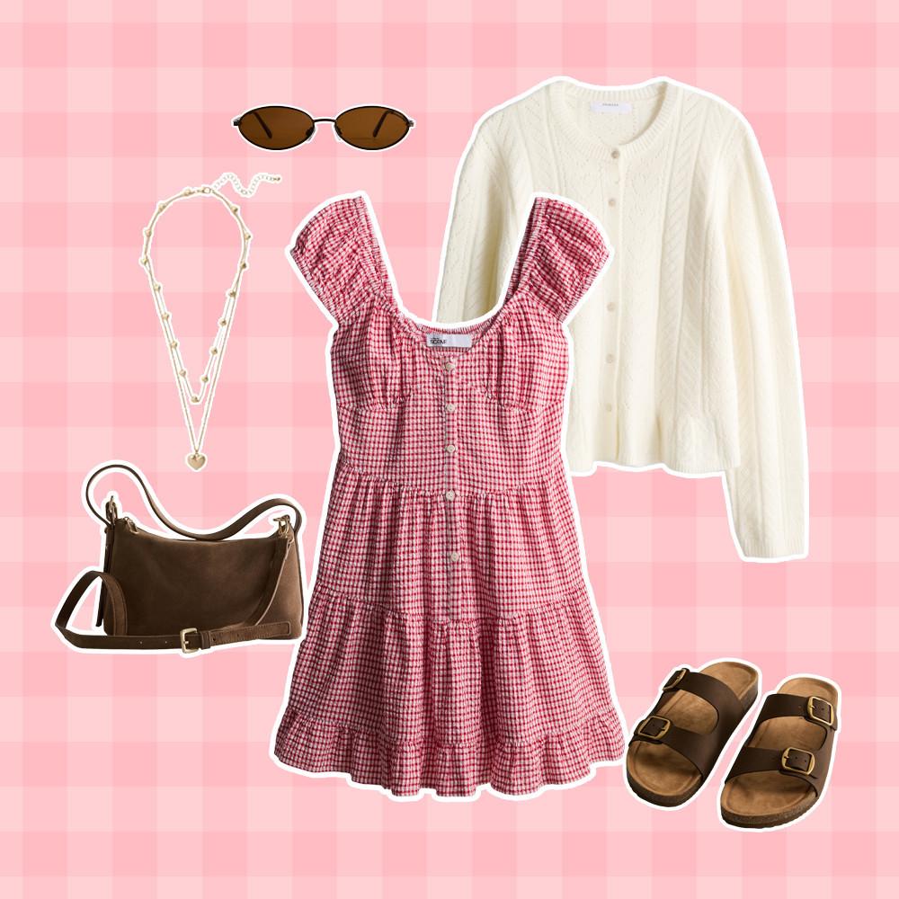 Outfit flatlay featuring pink gingham dress, cream cardigan, brown shoulder bag, sandals, sunglasses and necklace.