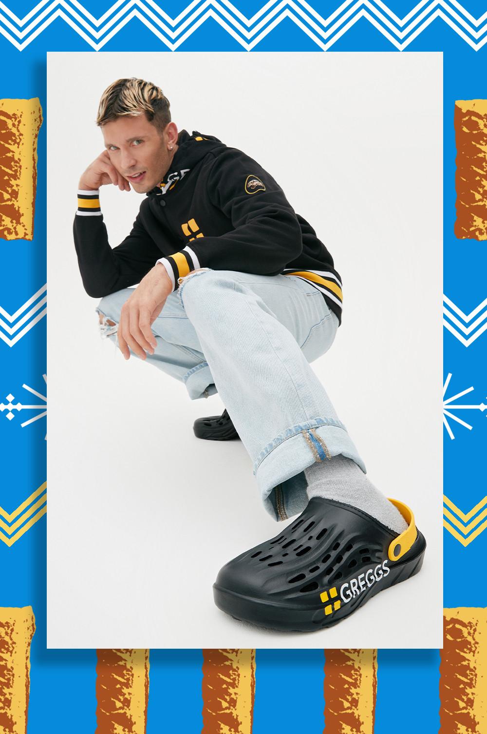 Greggs varsity jacket and clogs