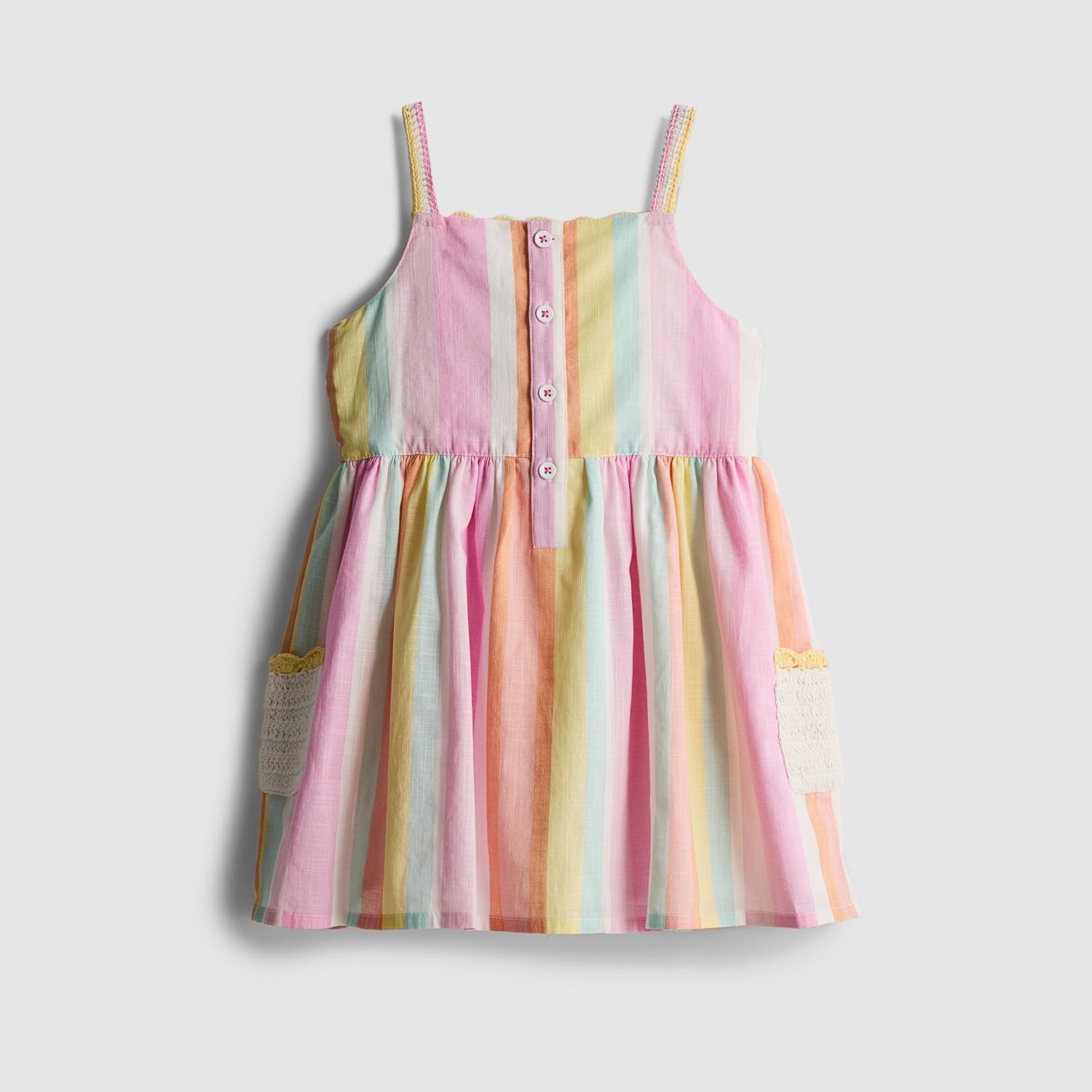 Girls' pastel rainbow striped sundress with button front and crochet pocket details.