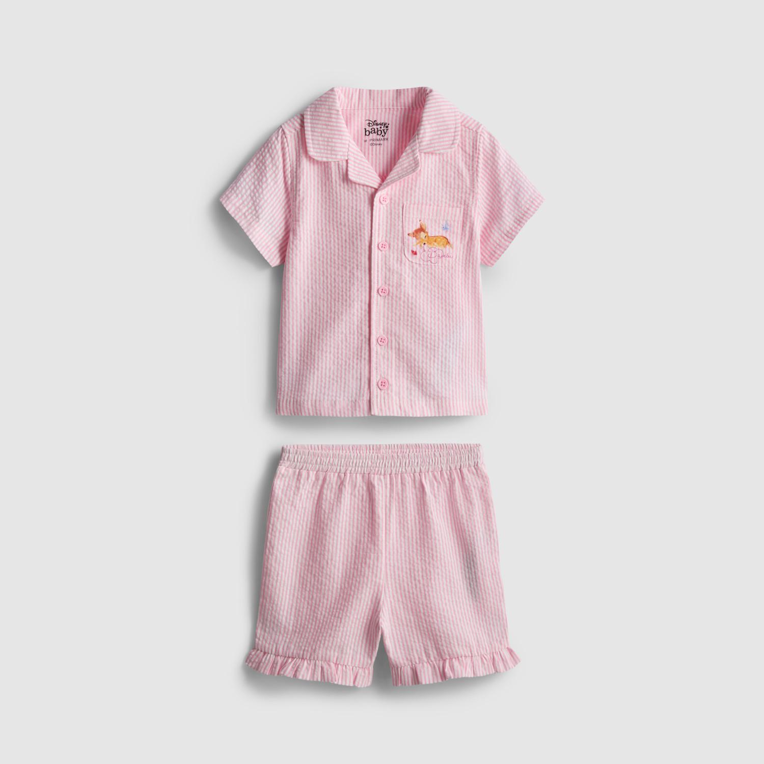 Pink striped Disney baby pyjama set with button-up shirt featuring embroidered character and shorts.
