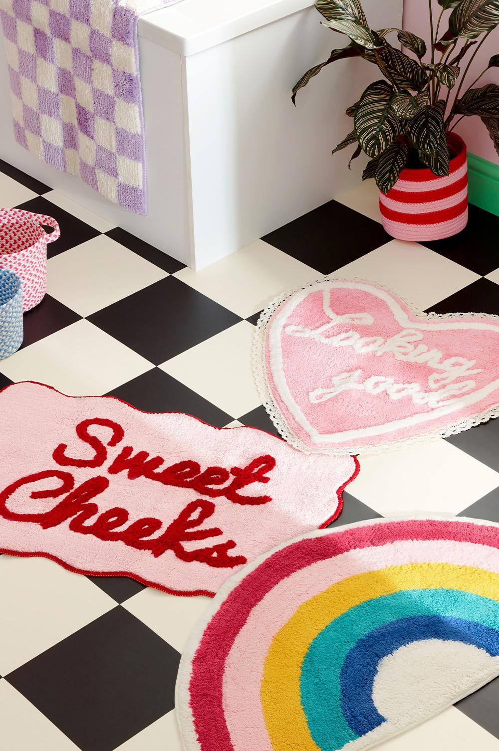 ‘Sweet Cheeks’ Slogan Bath Mat, Rainbow Bath Mat, ‘Looking Good’ Slogan Bath Mat