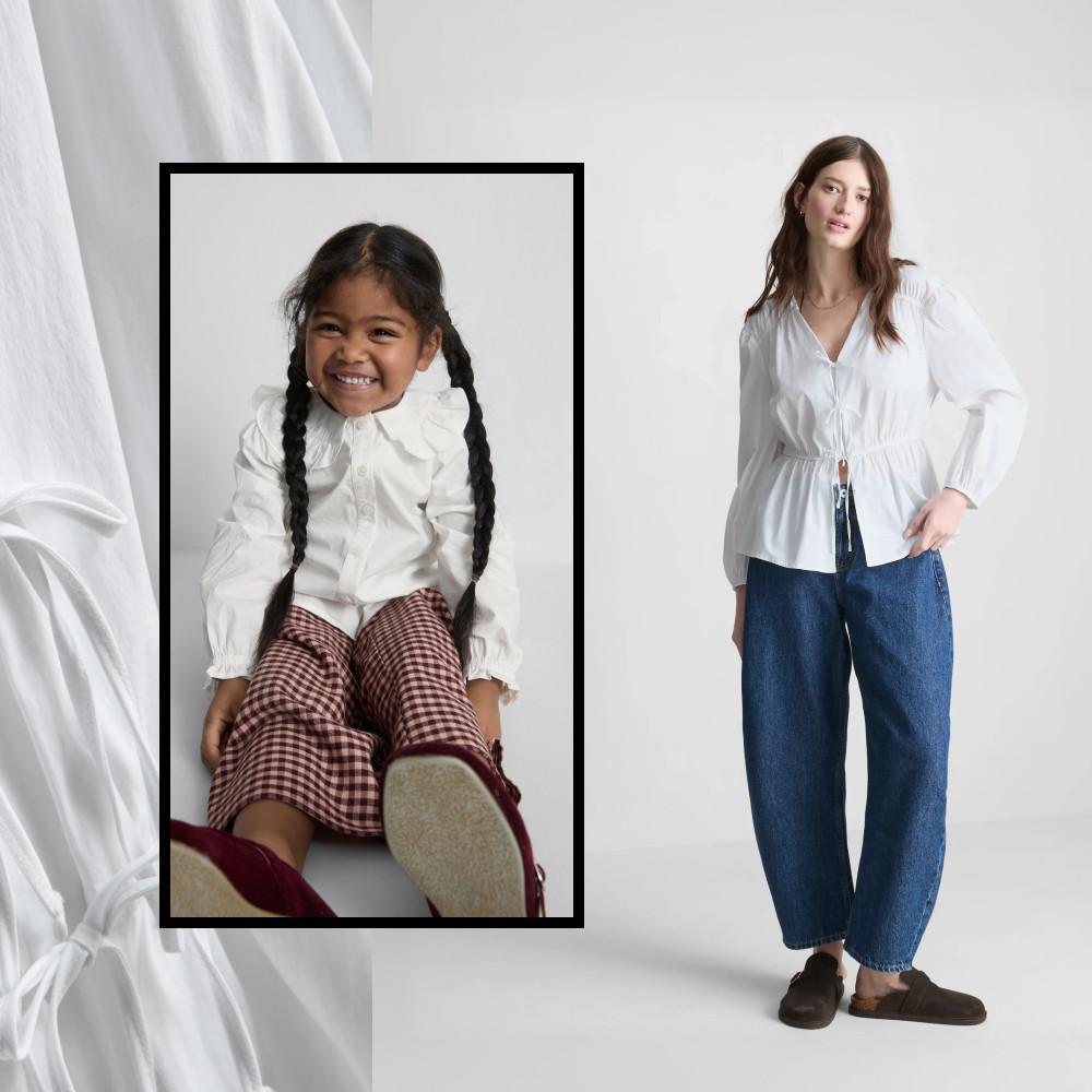 Adult and kid models wearing matching cropped trench coats with matching striped rugby tops in the background.