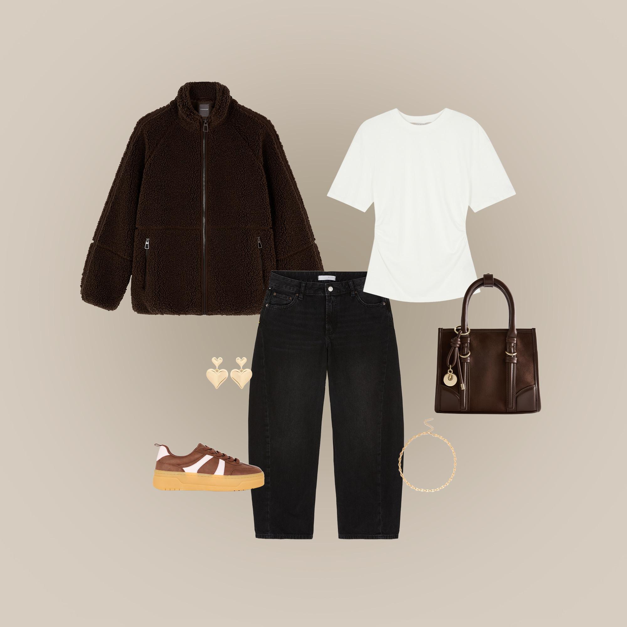 Casual outfit featuring brown fleece jacket, white t-shirt, black jeans, brown trainers and matching handbag.