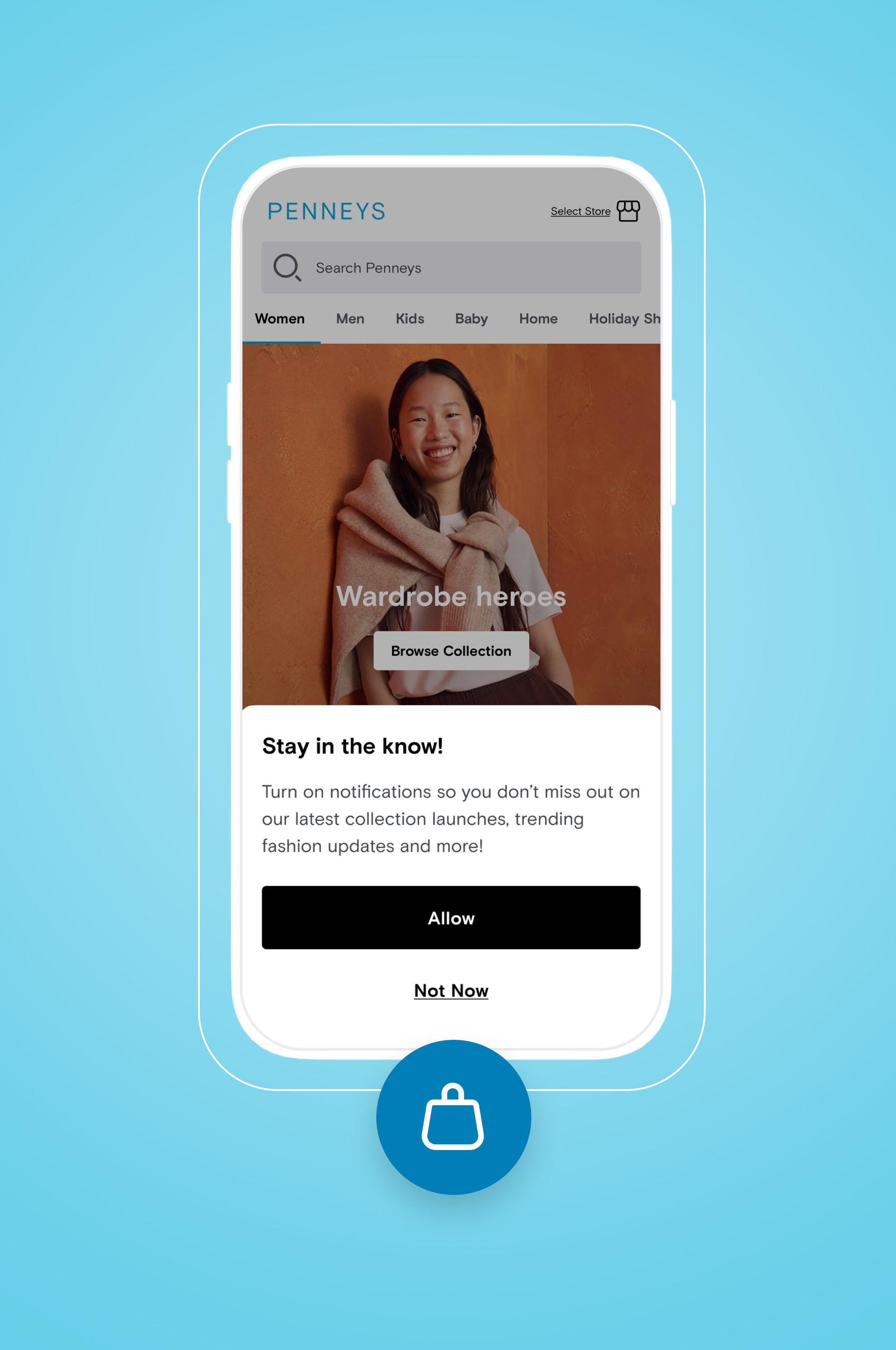 Penneys mobile app showing a fashion promotion with "Wardrobe heroes" text and browse collection button against a blue background.