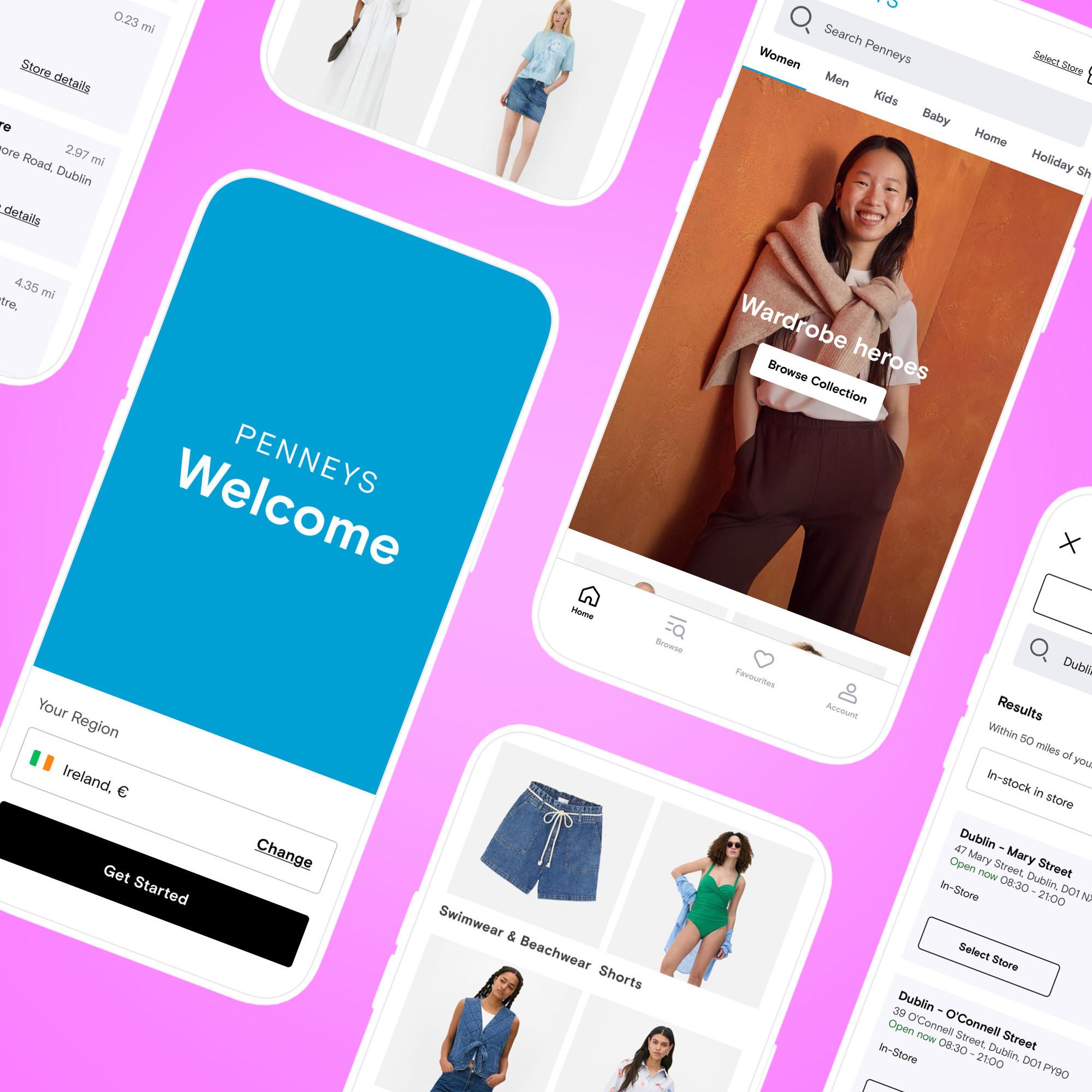 Penneys shopping app interface showing product browsing screens with clothing options and store location details.