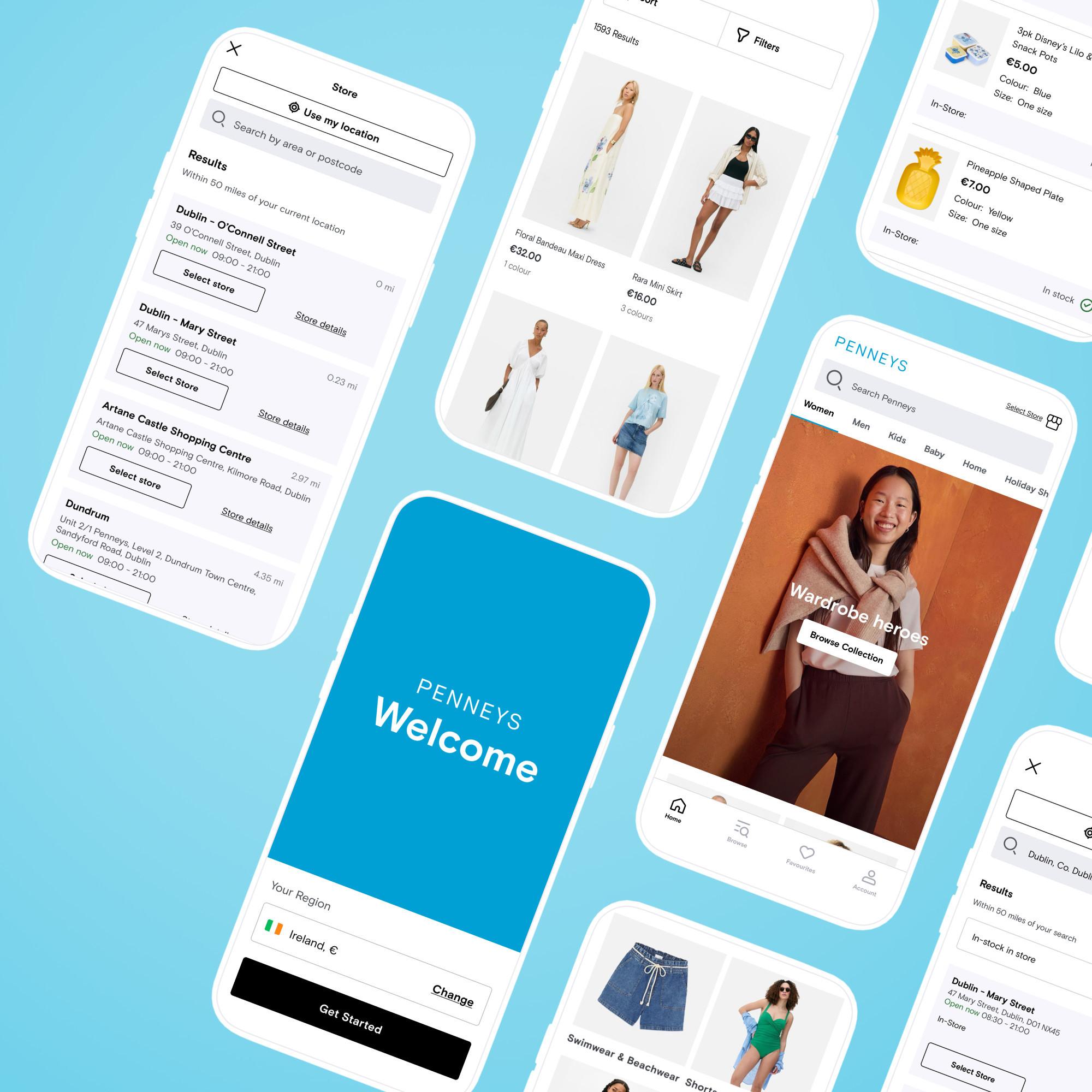 Multiple smartphone screens showing Penneys retail app with store finder, clothing listings and welcome page on blue background.