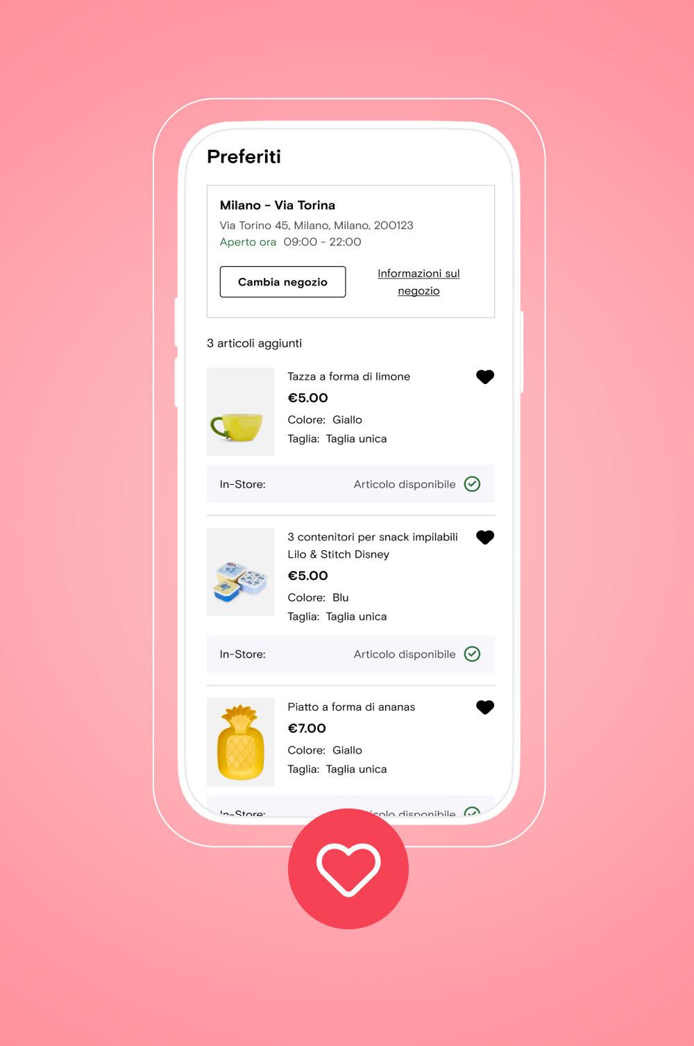 Visualizzazione mobile della sezione dei preferiti sulla nuova app